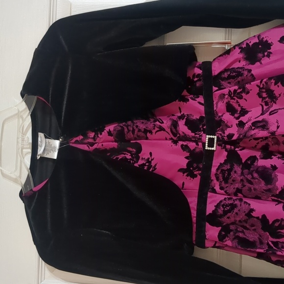 Jona Michelle Girls Formal Party Wedding Hot Pink Black Velvet Flowers Dress - Picture 2 of 9